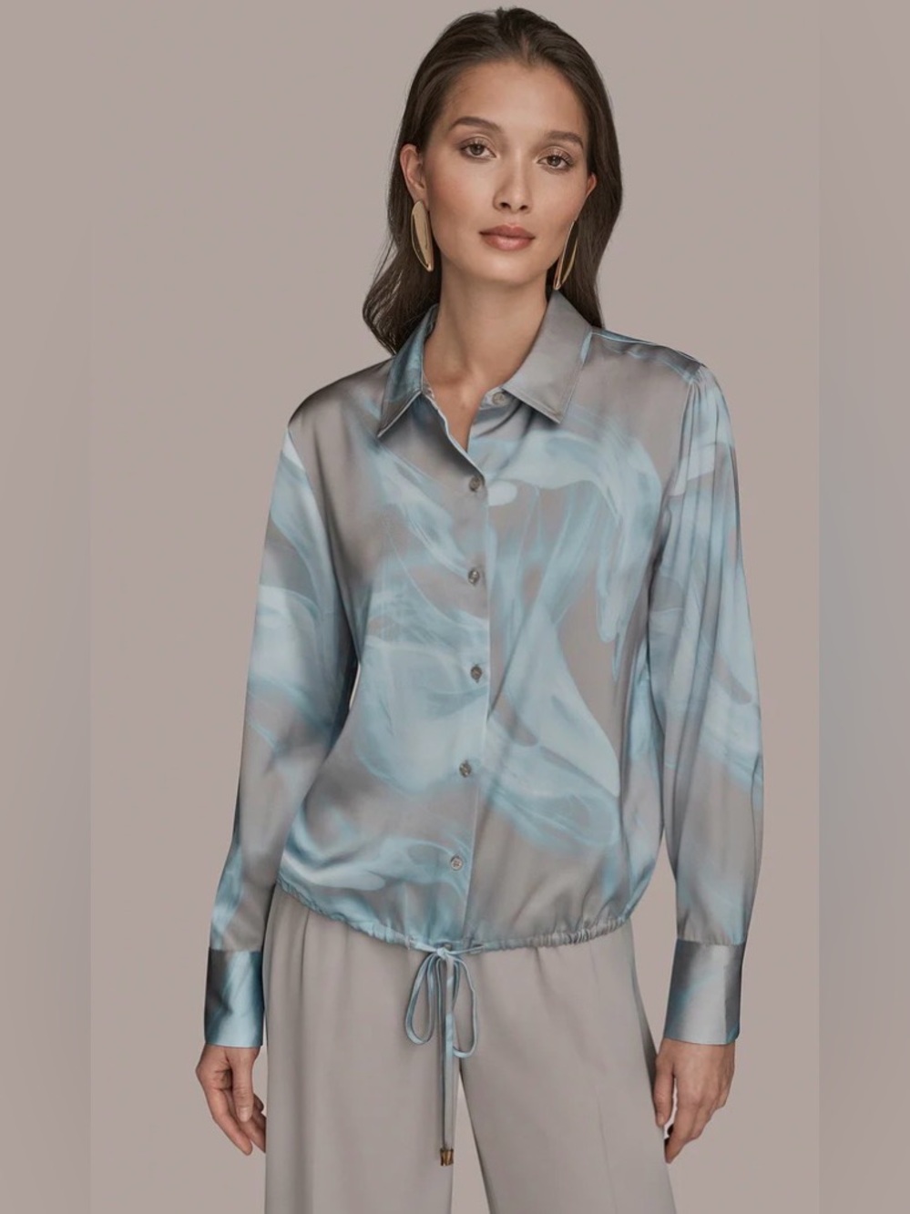 Donna Karan Abstract Satin Button Front Blouse XL NEW